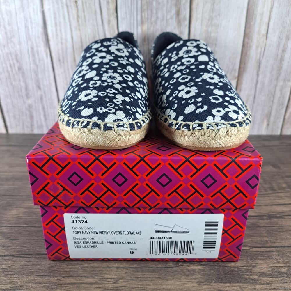 Tory Burch Risa Espadrille Slip On Loafer Women's Sz 9 Navy Ivory Lovers Floral - Picture 9 of 10